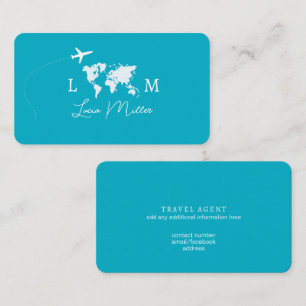 Tarjeta De Visita Agente de viajes Azure monograma mapa mundial & av