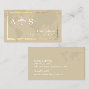 Tarjeta De Visita Agente de Viajes Beige Avión Mapa Mundial