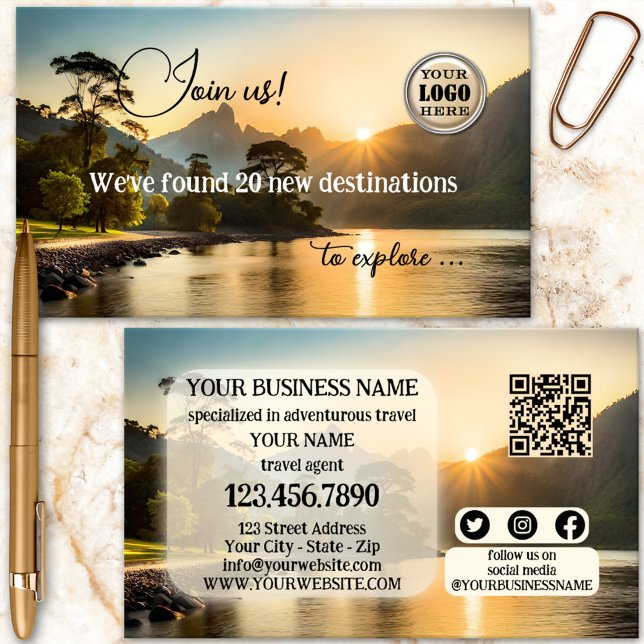 Tarjeta De Visita Agente de viajes de aventura Código QR moderno (Exotic destination adventure travel agent or agency business card)