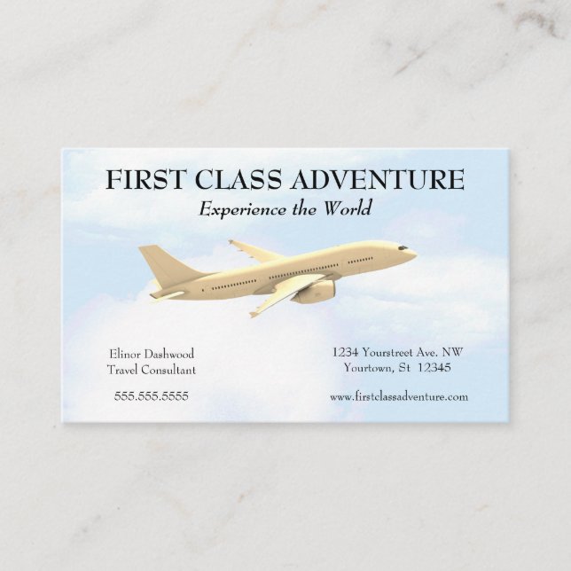 Tarjeta De Visita Agente de viajes de avión y cielo azul (Anverso)