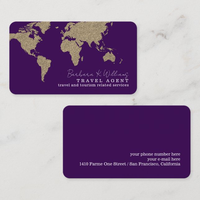 Tarjeta De Visita Agente de viajes internacional Mapa mundial púrpur (Anverso / Reverso)