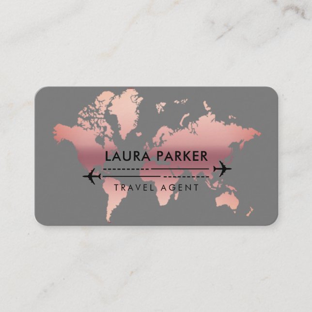 Tarjeta De Visita Agente de viajes Mapa Mundial Vacaciones Rosa Oro (Anverso)