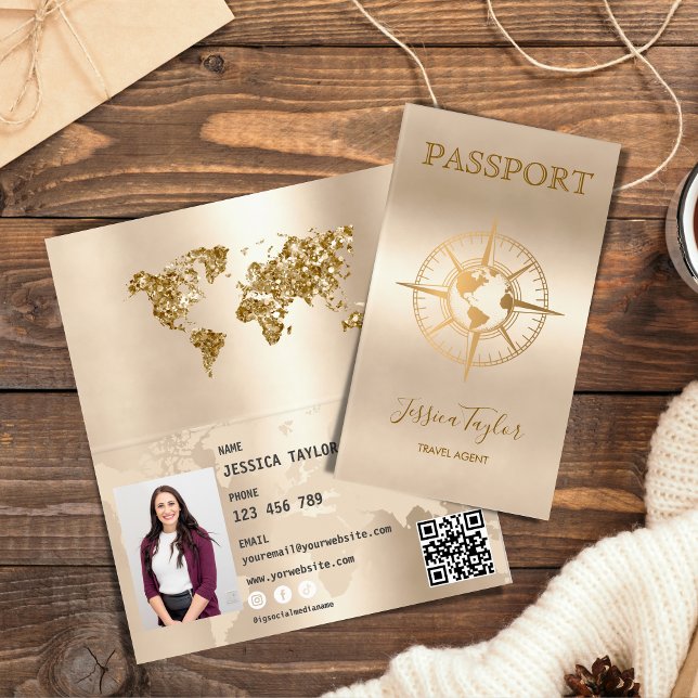 Tarjeta De Visita Agente de viajes Pasaporte World Map Insertar foto (passport like travel agent business card)