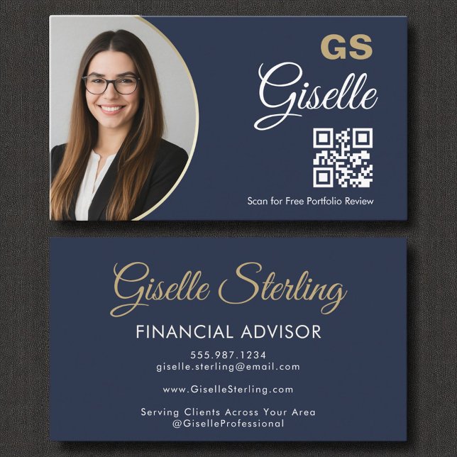Tarjeta De Visita Agente financiero Navy Blue Gold Photo QR Code (Subido por el creador)