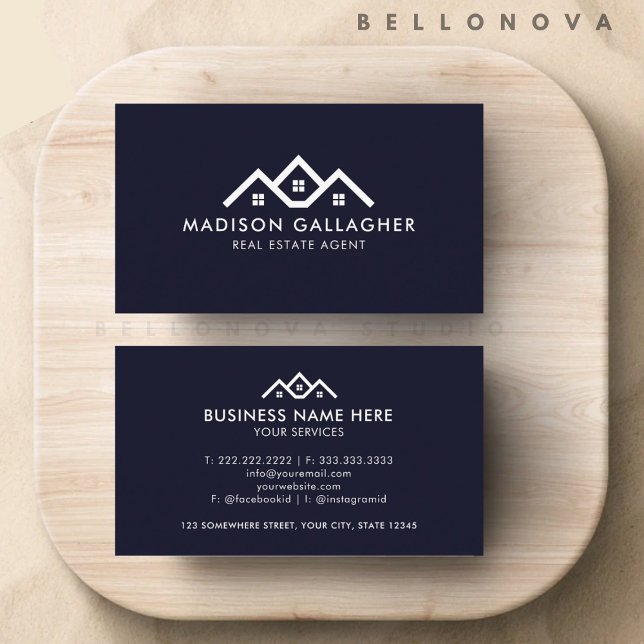 Tarjeta De Visita Agente inmobiliario azul de la Marina Oscura perso (Custom Dark Navy Blue White Real Estate Agent Business Card)