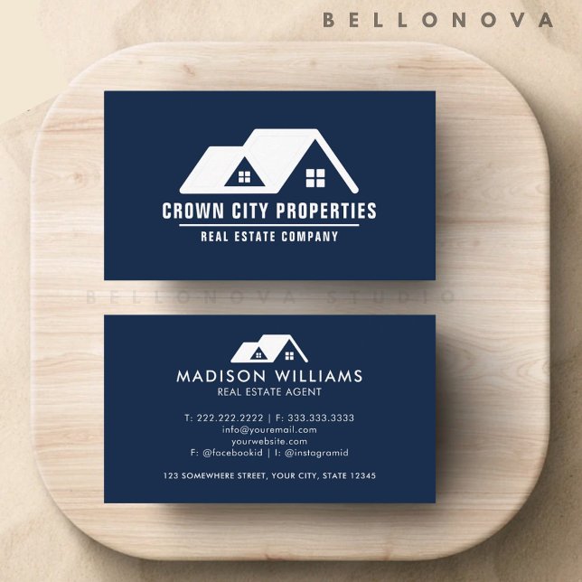 Tarjeta De Visita Agente inmobiliario azul de la Marina Oscura perso (Custom Dark Navy Blue White Real Estate Agent Business Card)