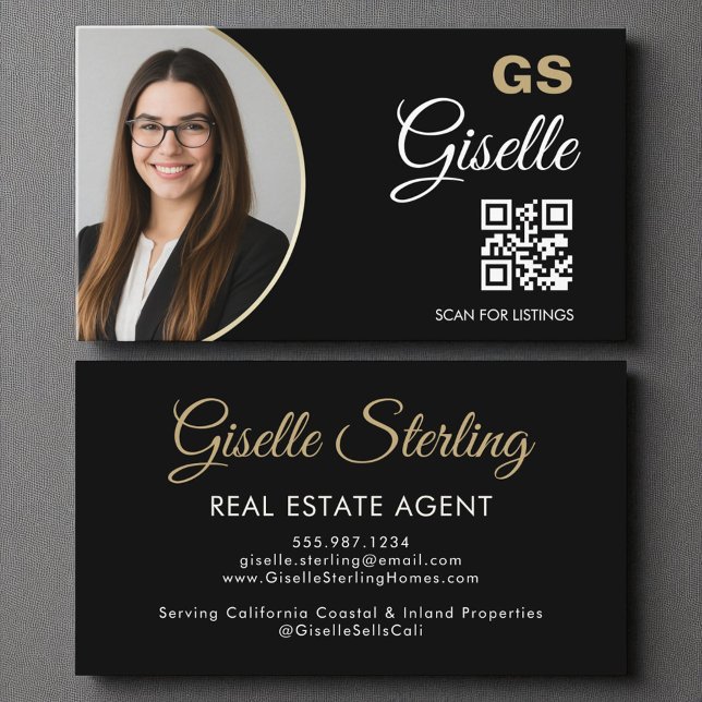 Tarjeta De Visita Agente inmobiliario Black Gold Photo QR Code (Subido por el creador)