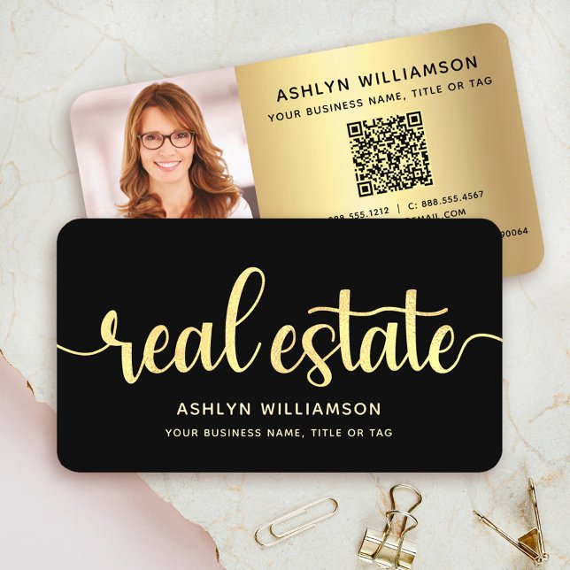Tarjeta De Visita Agente Inmobiliario Black Gold Photo QR Code Broke (Subido por el creador)