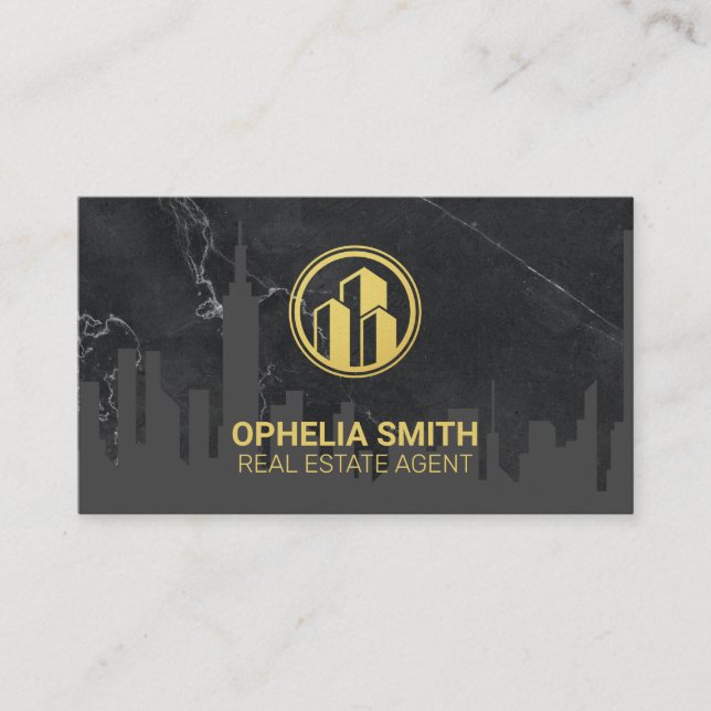 Tarjeta De Visita Agente inmobiliario Cityscape Marble | Edificio Or (Anverso)