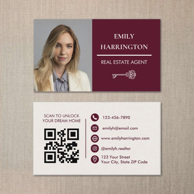 Tarjeta De Visita Agente Inmobiliario Clásico Código QR Llave Granat (Subido por el creador)