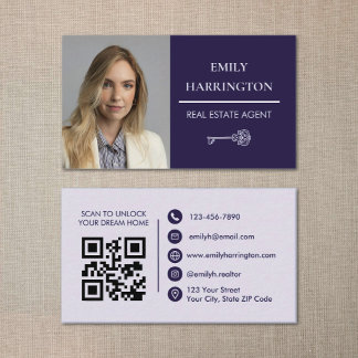Tarjeta De Visita Agente Inmobiliario Clásico Código QR Llave Púrpur