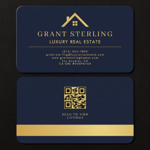 Tarjeta De Visita Agente Inmobiliario Código QR Azul Marino Dorado
