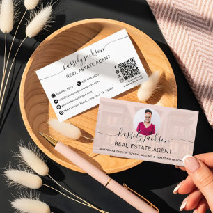 Tarjeta De Visita Agente Inmobiliario Código QR de Foto Script Lujo