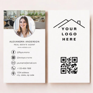 Tarjeta De Visita Agente Inmobiliario Código QR Logo Foto Neutral