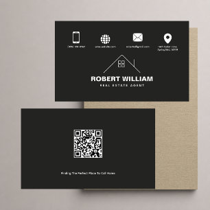 Tarjeta De Visita Agente Inmobiliario Código QR Negro Moderno
