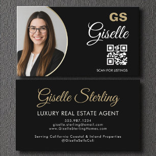 Tarjeta De Visita Agente inmobiliario de lujo Black Gold Photo QR Co