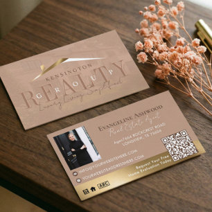 Tarjeta De Visita Agente Inmobiliario de Lujo en Oro Beige Fotografí