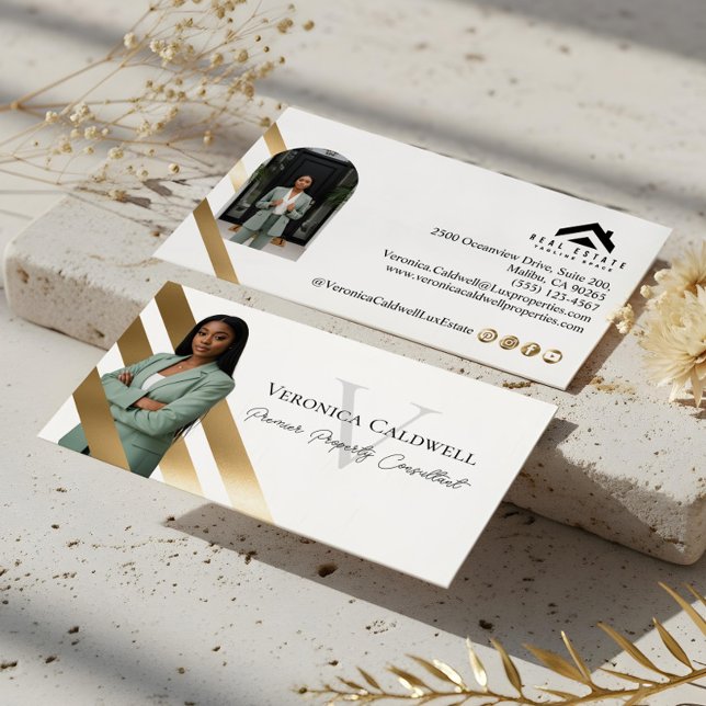 Tarjeta De Visita Agente Inmobiliario de Lujo Foto Monograma de Lujo (Gold Luxury Real Estate Agent Photo Monogram Luxe Business Card)