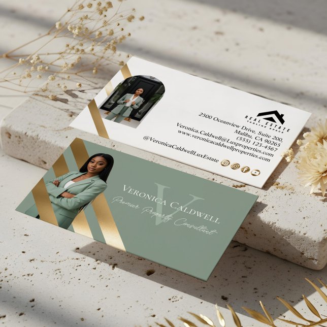 Tarjeta De Visita Agente Inmobiliario de Lujo Foto Monograma de Lujo (Gold Luxury Real Estate Agent Photo Monogram Luxe Business Card)