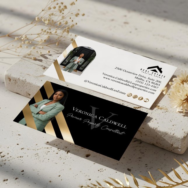 Tarjeta De Visita Agente Inmobiliario de Lujo Foto Monograma de Oro  (Gold Luxury Real Estate Agent Photo Monogram Luxe Business Card)