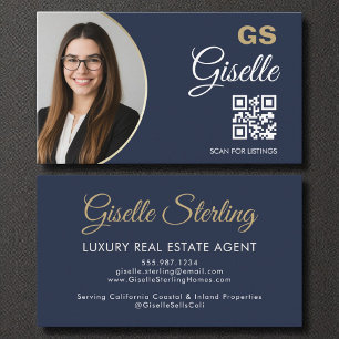 Tarjeta De Visita Agente inmobiliario de lujo Navy Blue Gold QR Code