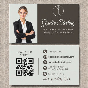 Tarjeta De Visita Agente inmobiliario de lujo Sage Green Photo QR Co