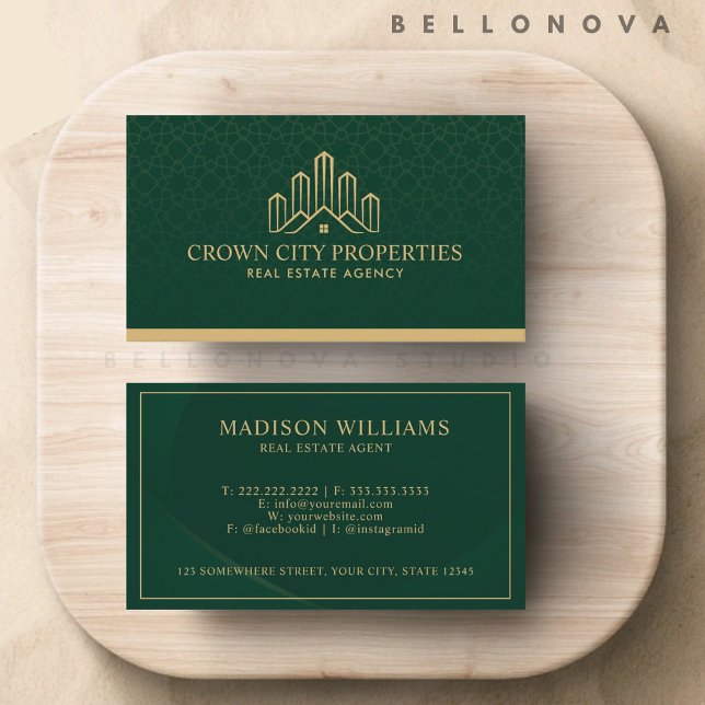 Tarjeta De Visita Agente Inmobiliario De Patrón Verde Y Oro personal (Custom Green And Gold Pattern Real Estate Agent Business Card)