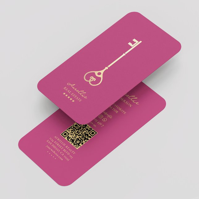 Tarjeta De Visita Agente inmobiliario Elegante Llave de Oro Rosa Mod (Real Estate Agent Elegant Pink Gold Key Modern Business Card
)