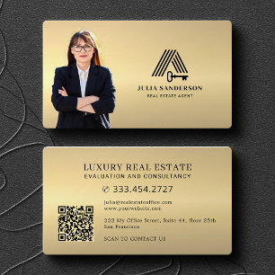 Tarjeta De Visita Agente inmobiliario foto QR metálico dorado falso
