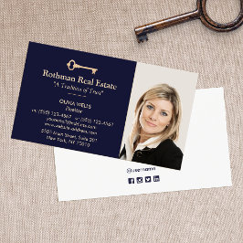 Tarjeta De Visita Agente inmobiliario Gold Key Add Photo Navy