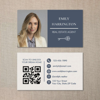 Tarjeta De Visita Agente Inmobiliario Gris Código QR Clave Clásica