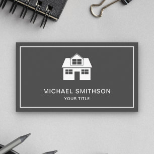 Tarjeta De Visita Agente Inmobiliario Icono de Hogar Gris y Blanco
