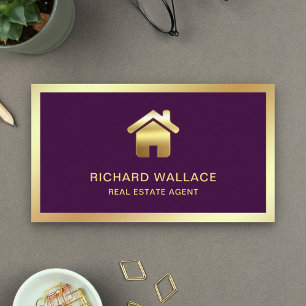 Tarjeta De Visita Agente Inmobiliario Logo Hogar Hoja de Oro Púrpura