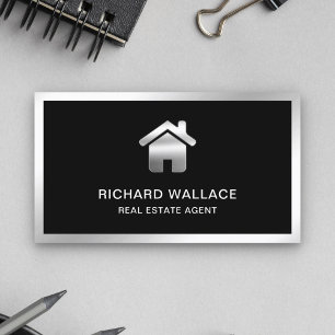 Tarjeta De Visita Agente Inmobiliario Logo Hogar Hoja de Plata Negra
