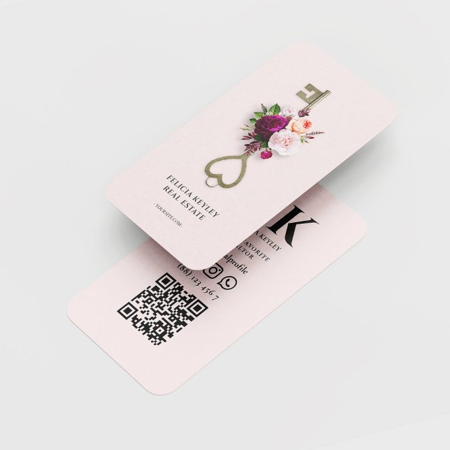 Tarjeta De Visita Agente inmobiliario moderno Realtor Floral Monogra (Realtor Floral Gold Key Real Estate Agent Broker Mortgage Professional Monogram Pink business card)