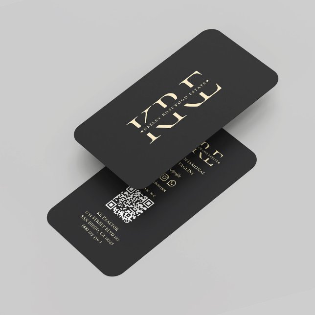 Tarjeta De Visita Agente inmobiliario moderno Realtor Monograma negr (Modern Realtor Monogram Real Estate Black Gold Professional Marketing QR Business Card
)