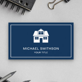 Tarjeta De Visita Agente inmobiliario Navy Blue and White Home Icon