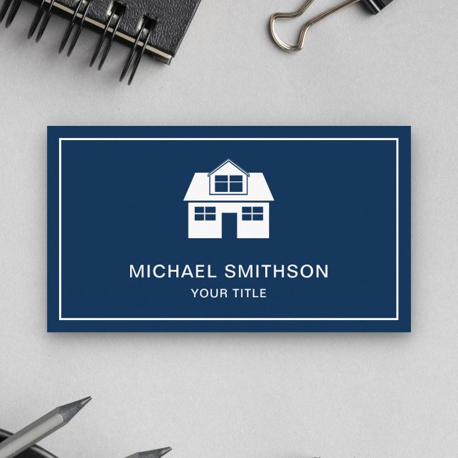 Tarjeta De Visita Agente inmobiliario Navy Blue and White Home Icon (Subido por el creador)