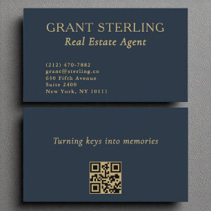 Tarjeta De Visita Agente inmobiliario Navy Blue Gold Código QR