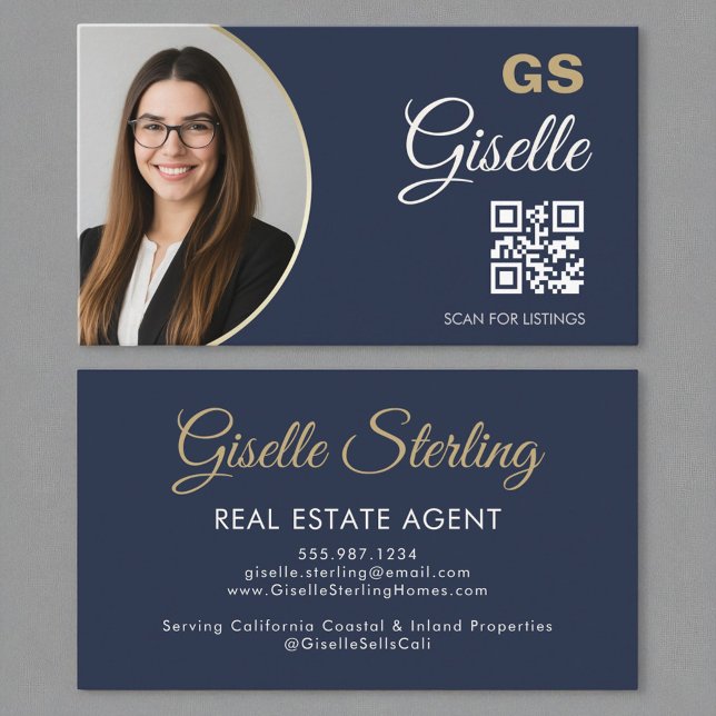 Tarjeta De Visita Agente inmobiliario Navy Blue Gold Photo QR Code (Subido por el creador)