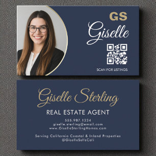 Tarjeta De Visita Agente inmobiliario Navy Blue Gold Photo QR Code