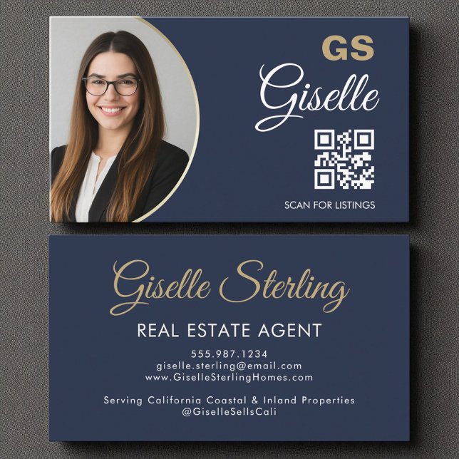 Tarjeta De Visita Agente inmobiliario Navy Blue Gold Photo QR Code (Subido por el creador)
