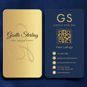 Tarjeta De Visita Agente inmobiliario Navy oro Azul código QR Monogr