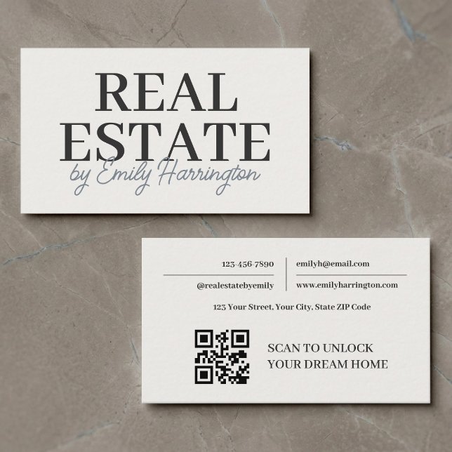 Tarjeta De Visita Agente Inmobiliario Neutral con Código QR Moderno (Subido por el creador)