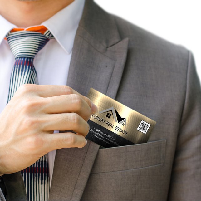 Tarjeta De Visita Agente inmobiliario | Oro metálico | Código QR (Subido por el creador)