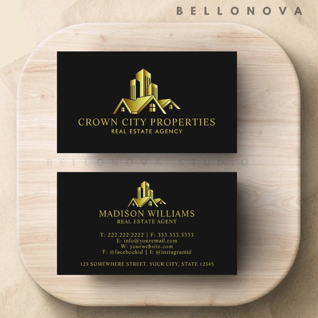 Tarjeta De Visita Agente Inmobiliario personalizado Black And Gold P (Custom Black And Gold Premium Real Estate Agent Business Card)