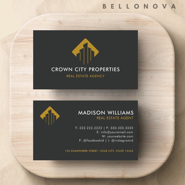 Tarjeta De Visita Agente inmobiliario personalizado Black White Brow (Custom Black White Brown Real Estate Agent Business Card)