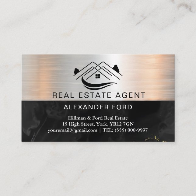 Tarjeta De Visita Agente inmobiliario plata Mármol metálico de oro (Anverso)