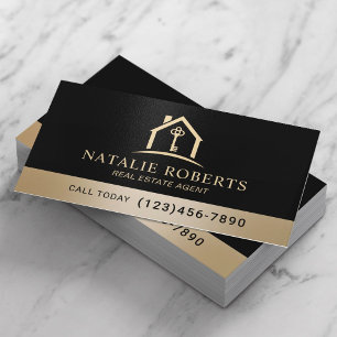 Tarjeta De Visita Agente Inmobiliario Profesional Negro y Dorado