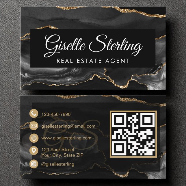 Tarjeta De Visita Agente inmobiliario QR Code Black Gold Agate Luxur (Subido por el creador)